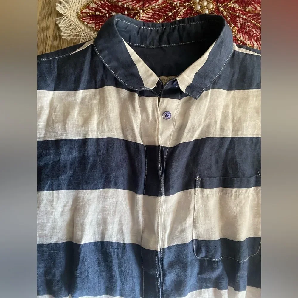 Burberry Brit Shirt Dress Womens  Plaid  White Navy  Sz 4  Linen Pockets